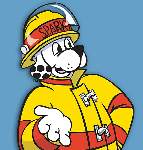 Cartoon dog in fire fighter uniform