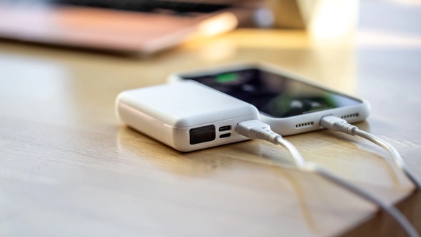 Cell phone and battery bank with laptop in the background