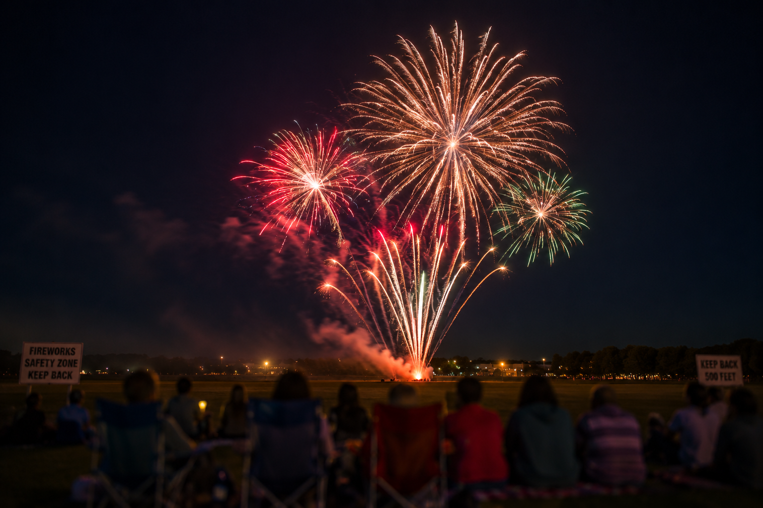 Fireworks at night with a group of people sitting on lawn chairs watchi