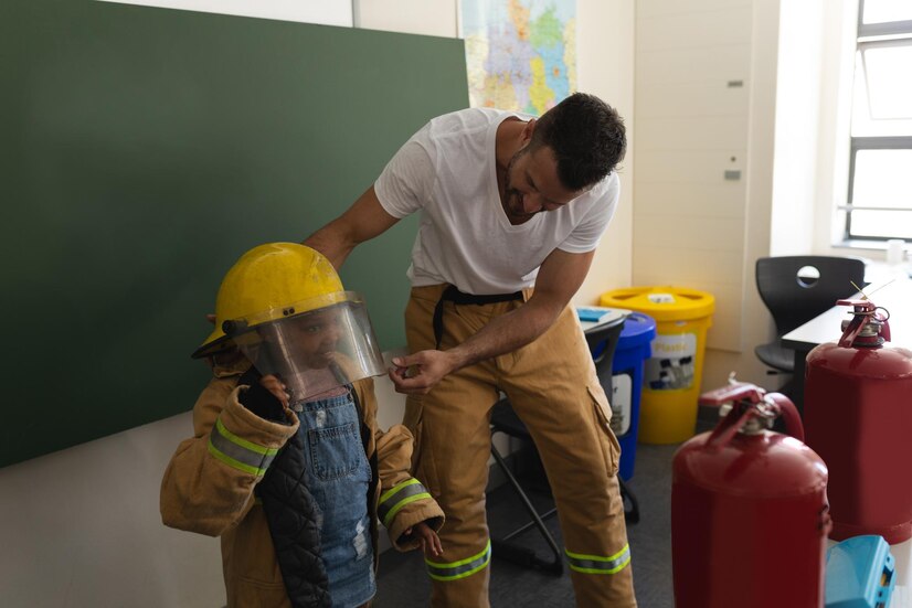 Fire fighter in classroom, letting young child wear fire fighting jacket and helmet